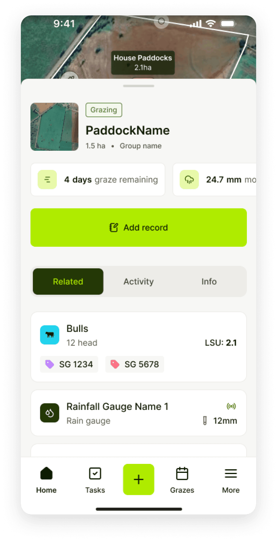 Mobile paddock detail — grazing status, related mobs, and bottom navigation