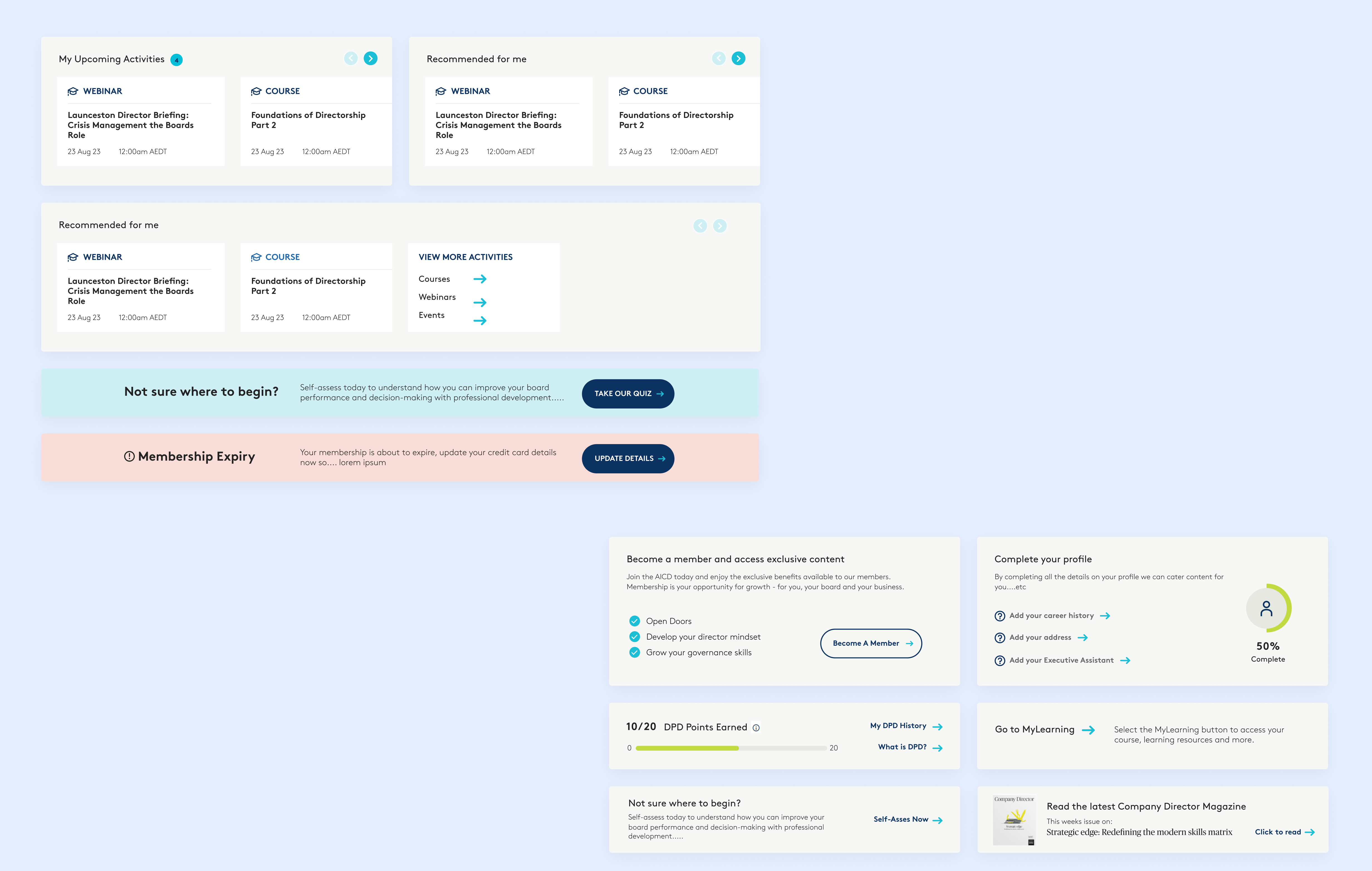 AICD member dashboard — redesigned navigation and Card CTAs