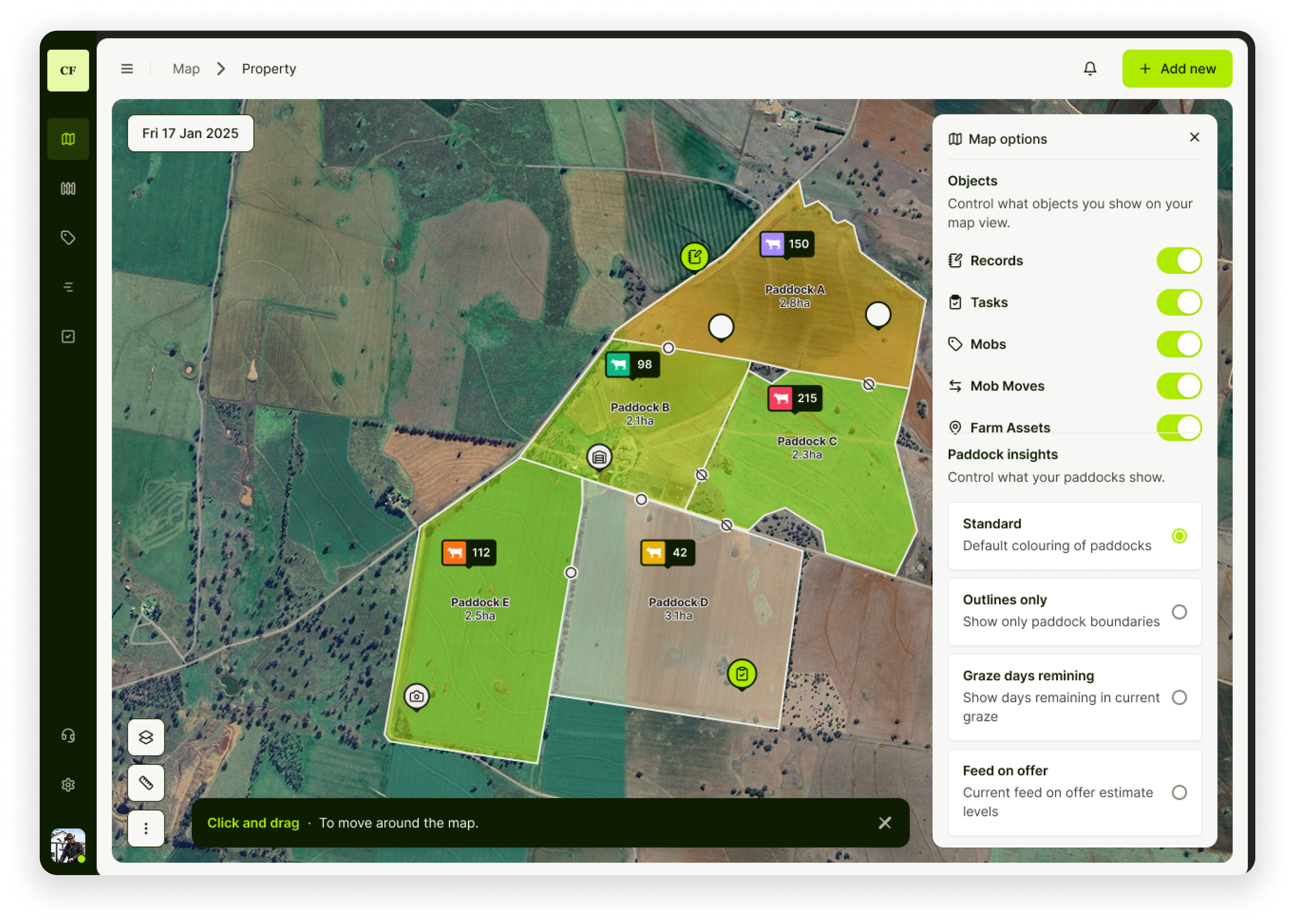 Property map view — paddocks, mob markers, and the map options panel