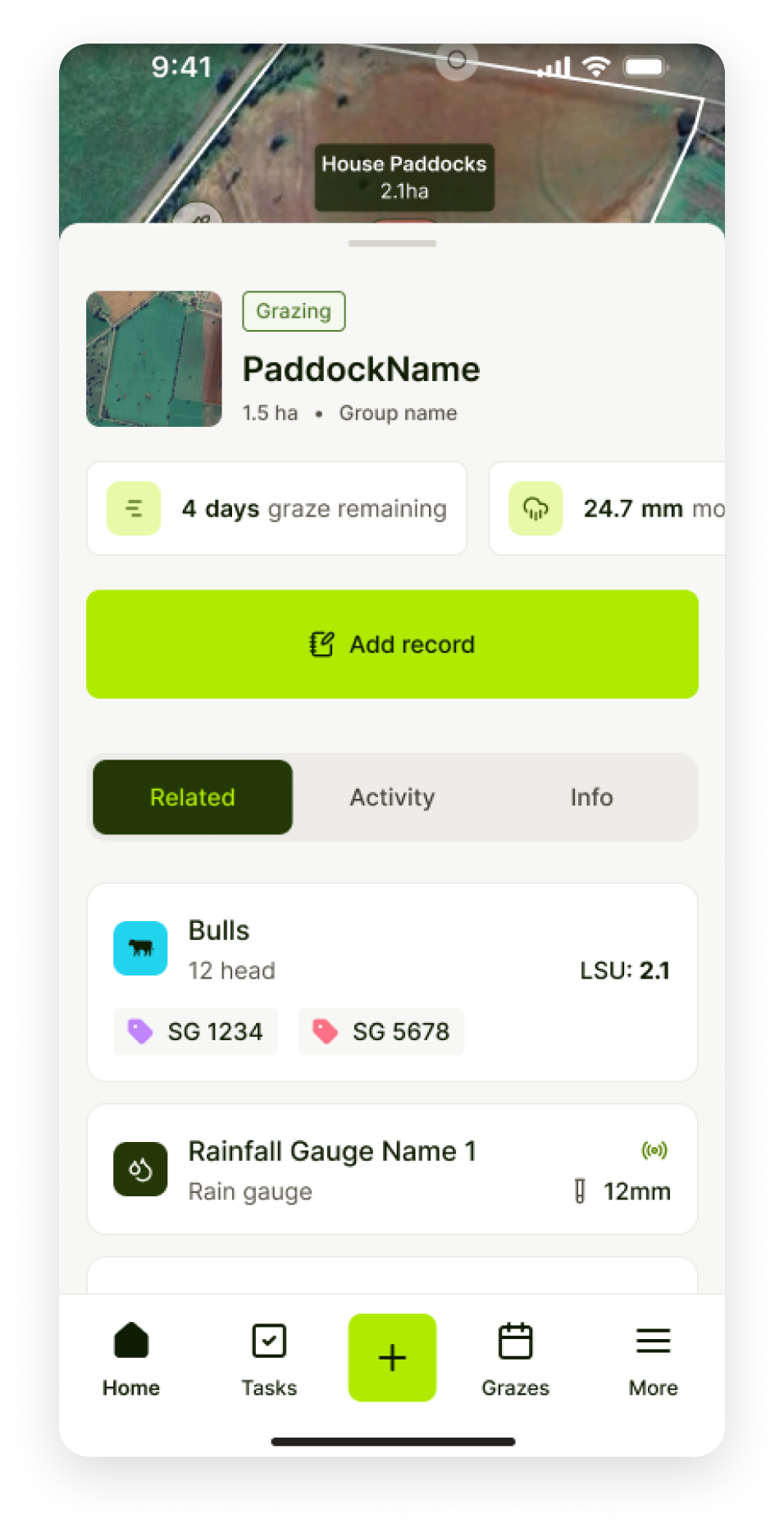 Mobile paddock detail — grazing status, related mobs, and bottom navigation