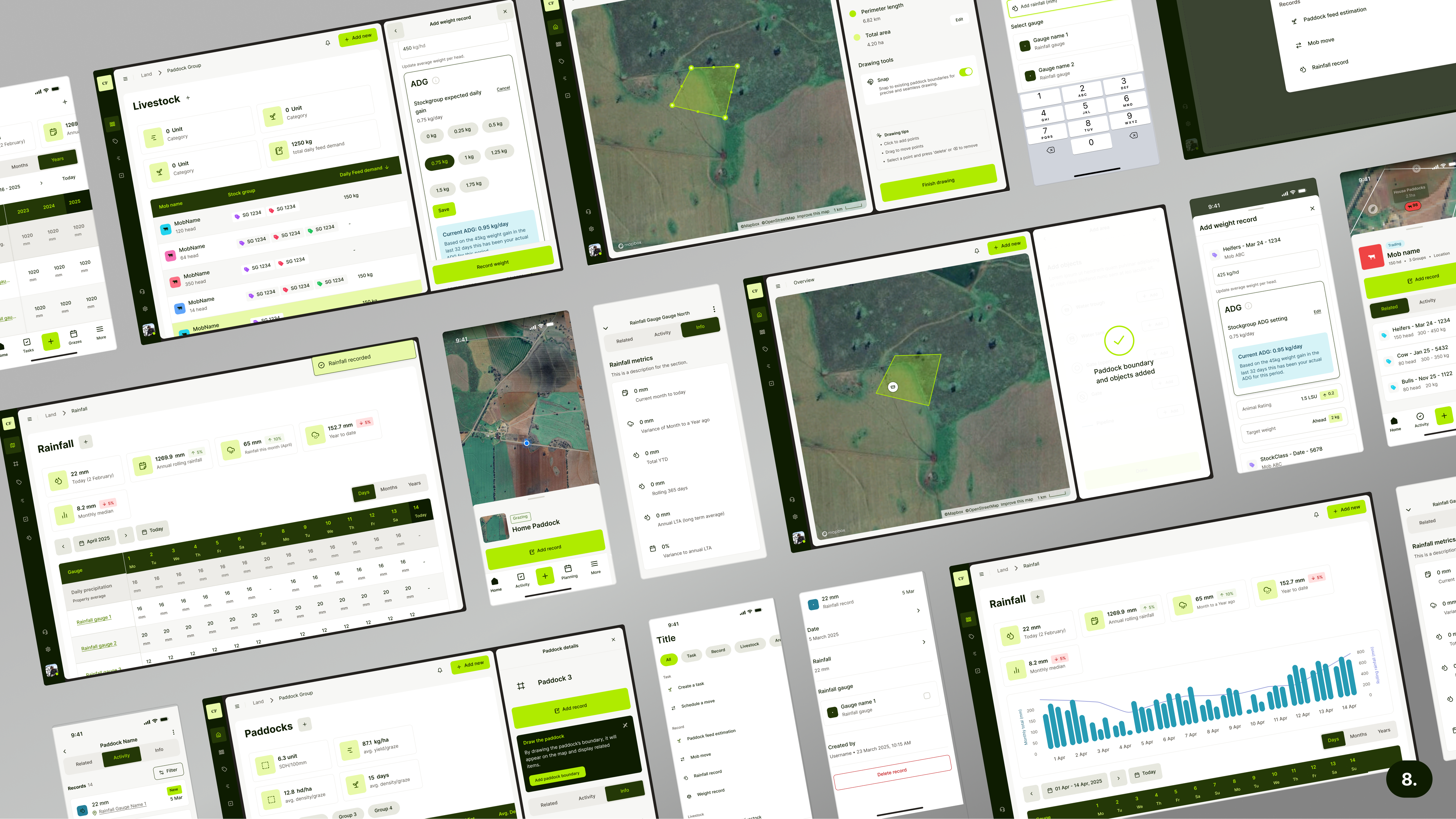 Isometric montage of Agri-Tech screens across desktop, web, and native