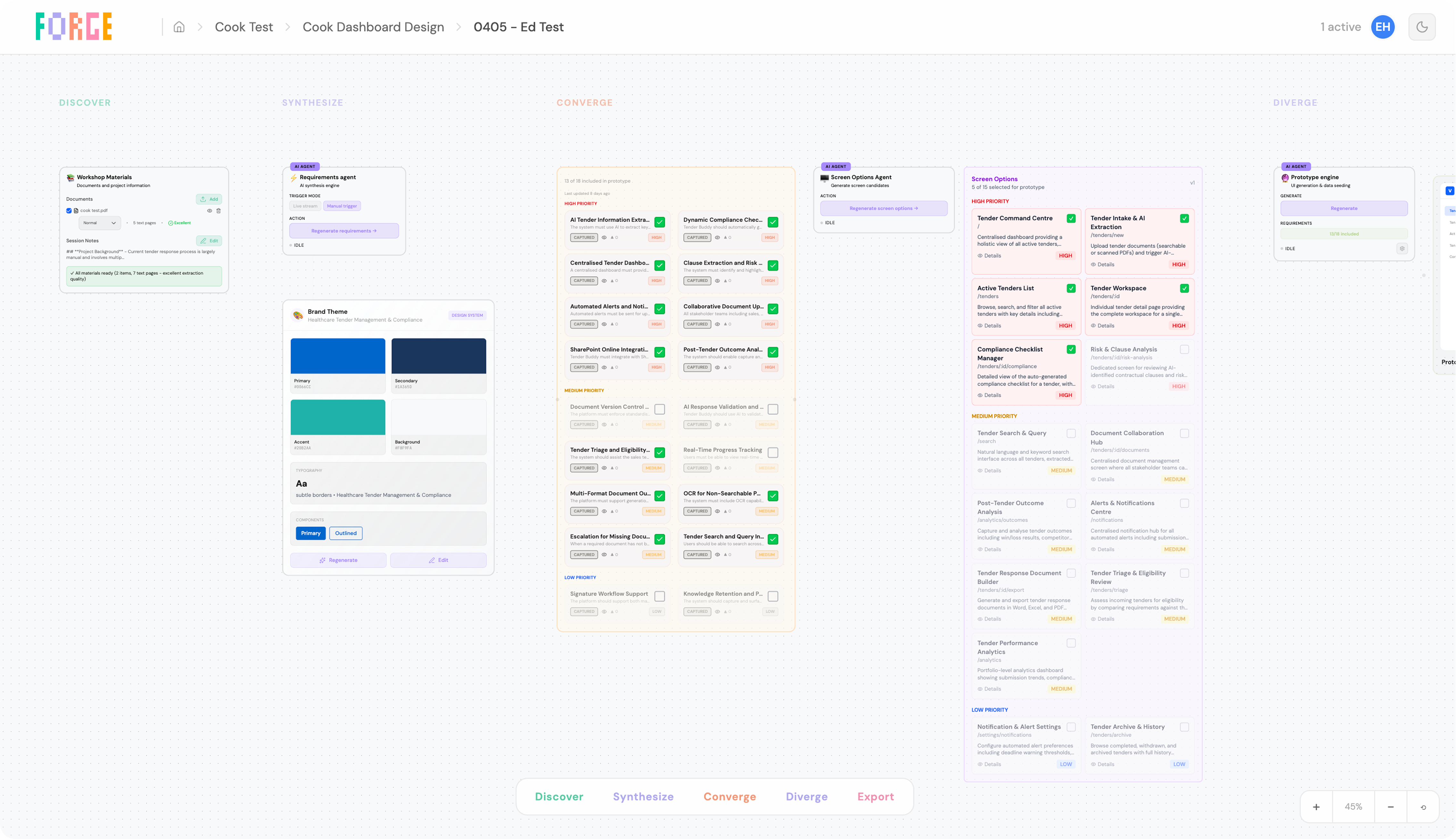 Forge — AI concept visualisation canvas with the five-stage pipeline